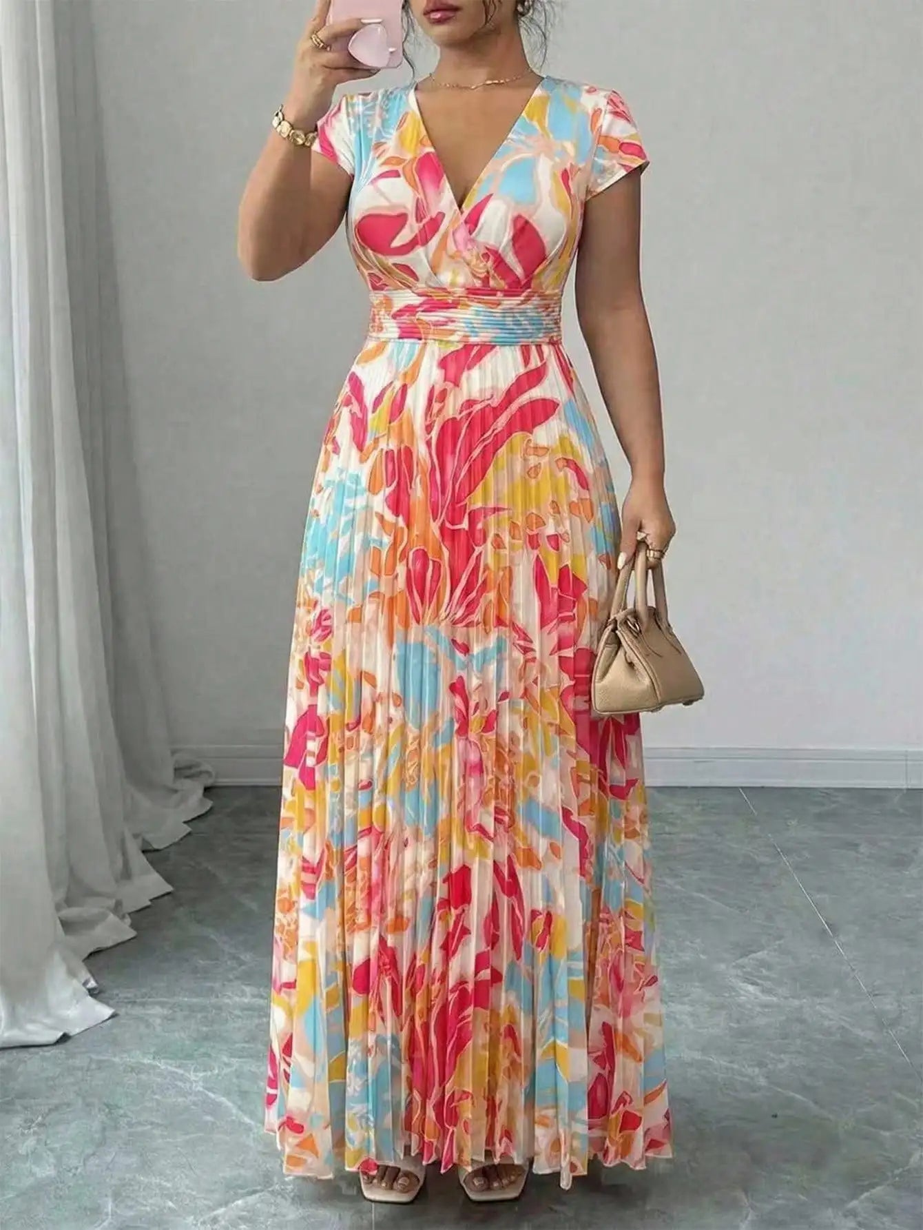 Womens V-Neck Short Sleeve Pleated Maxi Dress With Multicolor Abstract Floral Pattern