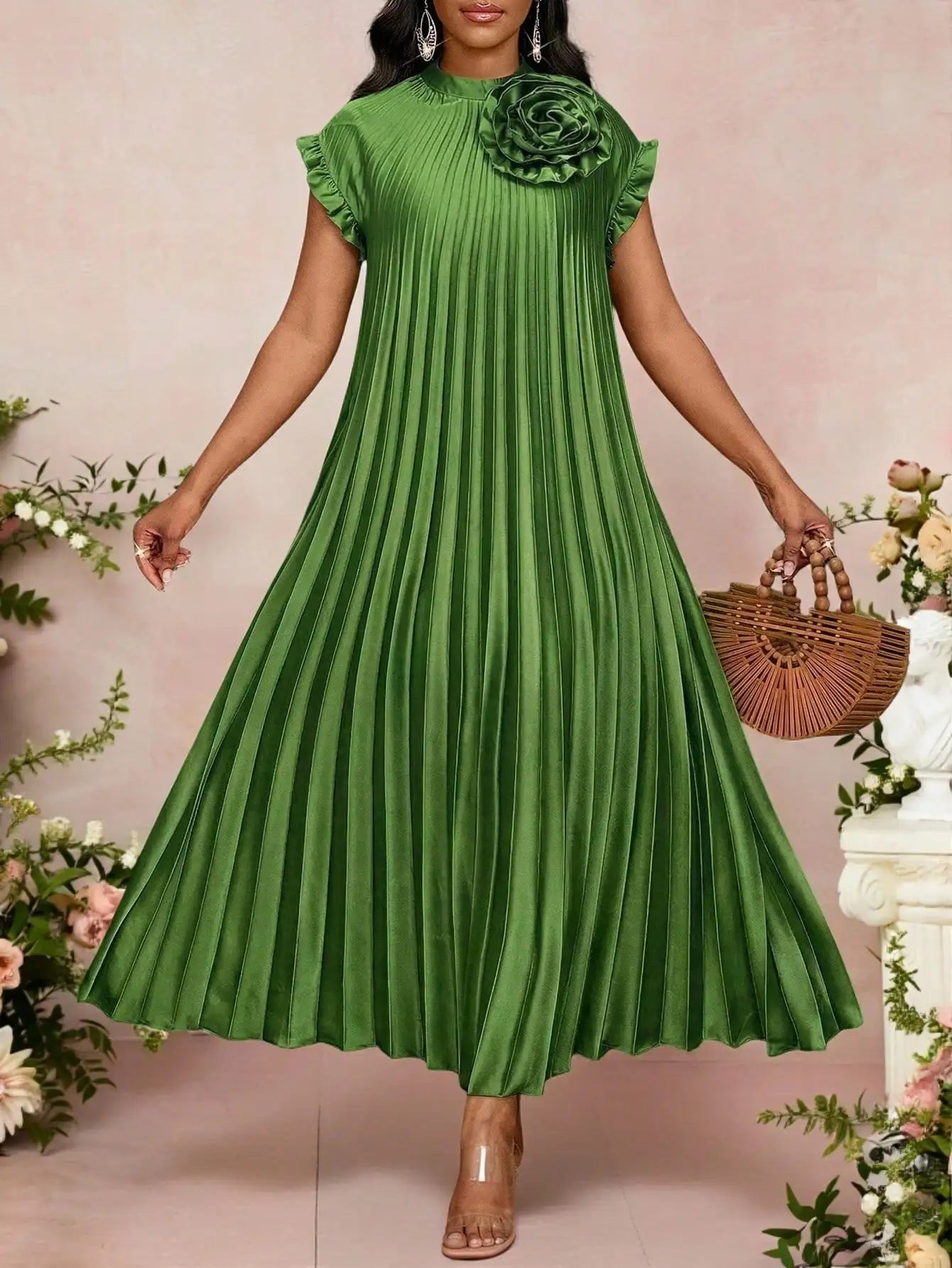 Pleated A-Line Maxi Dress With Stand Collar And Ruffle Cap Sleeves For Party Wedding Beach Event