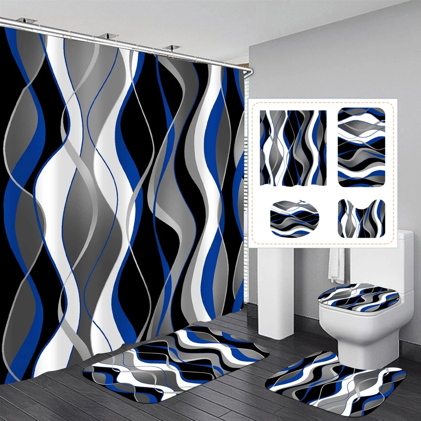 Shower Curtain Set With Bath Mat And Rugs 4 Pieces