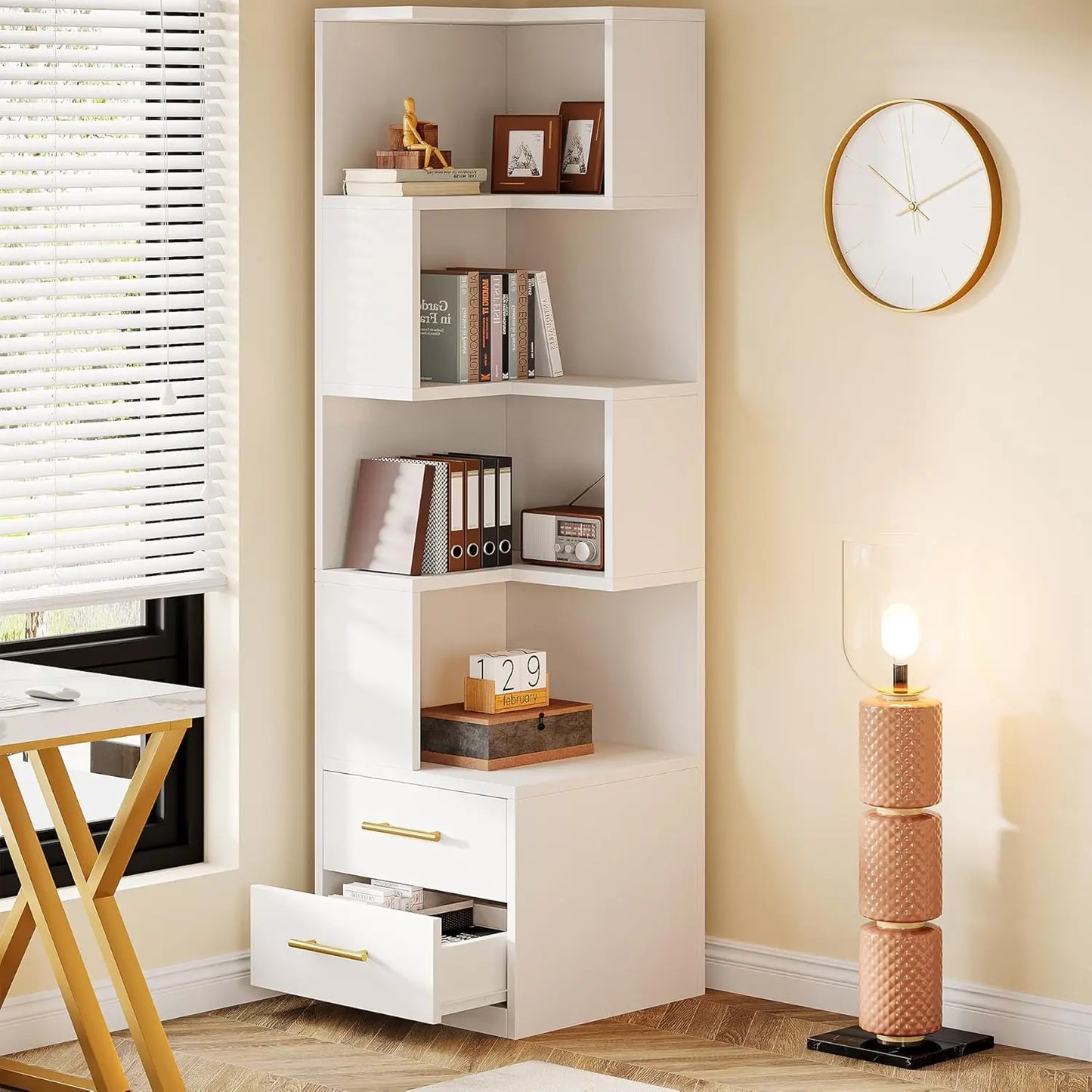 5-Tier Corner Bookshelf With 2 Drawers Mid-Century Modern Storage