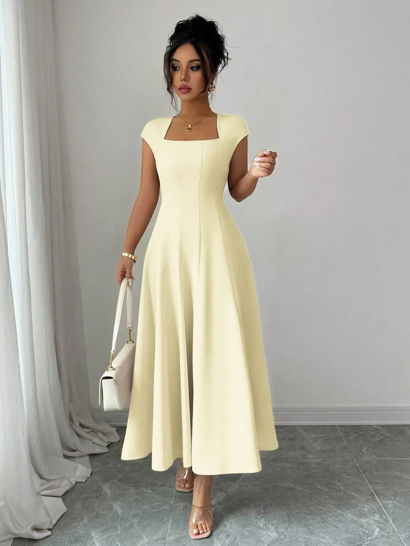 Elegant Solid Color Square Neck Short Sleeve A-Line Midi Dress For Women