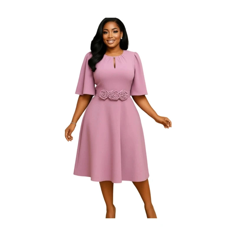 Women's Plus Size Round Neck Keyhole Flutter Sleeve Midi Dress, 3D Floral Waist Decor Swing A‑line Formal Party Dress
