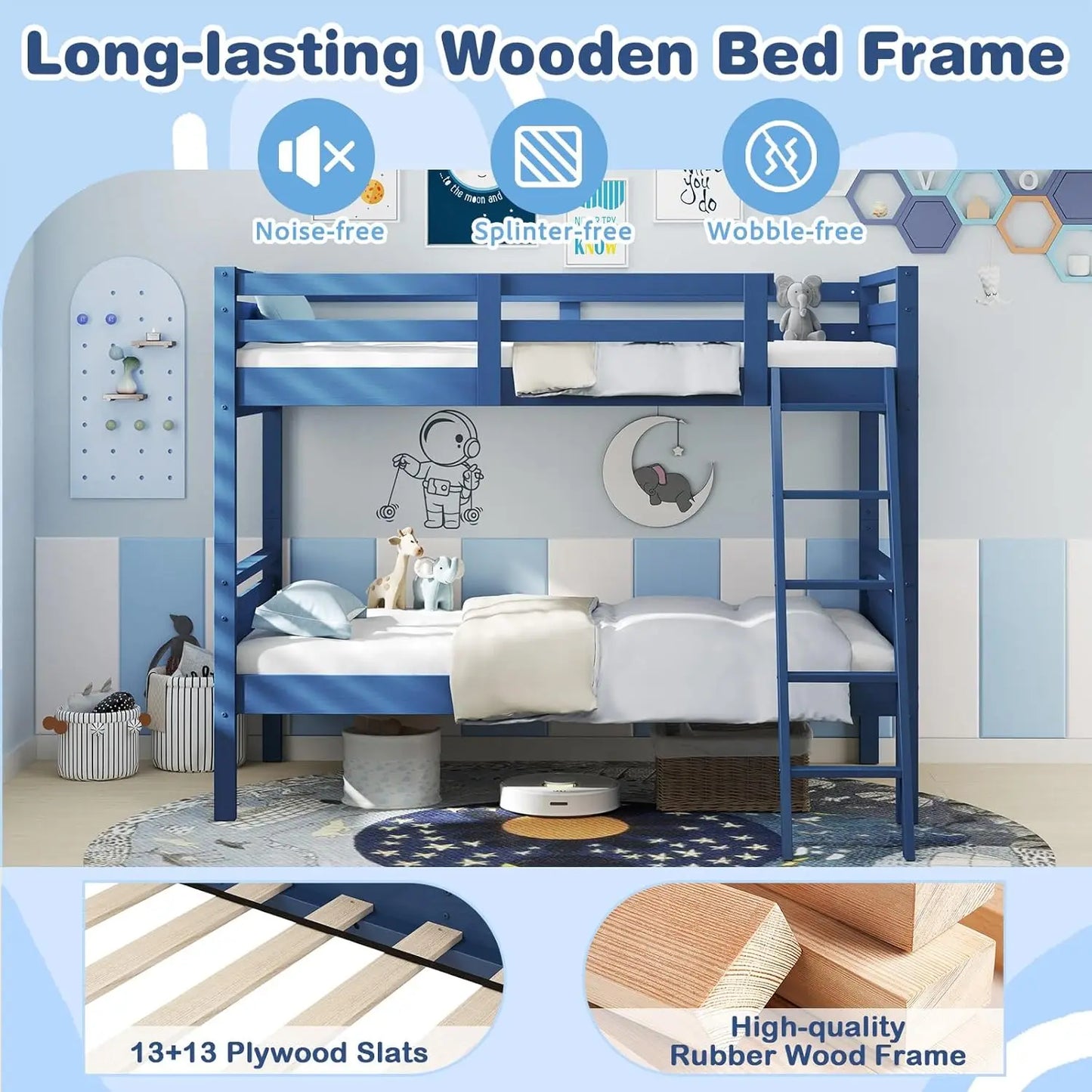 Twin Over Twin Bunk Bed for Kids, Solid Wood Bunk Bed with Ladder and Safety Guardrails, Convertible into 2, Customized
