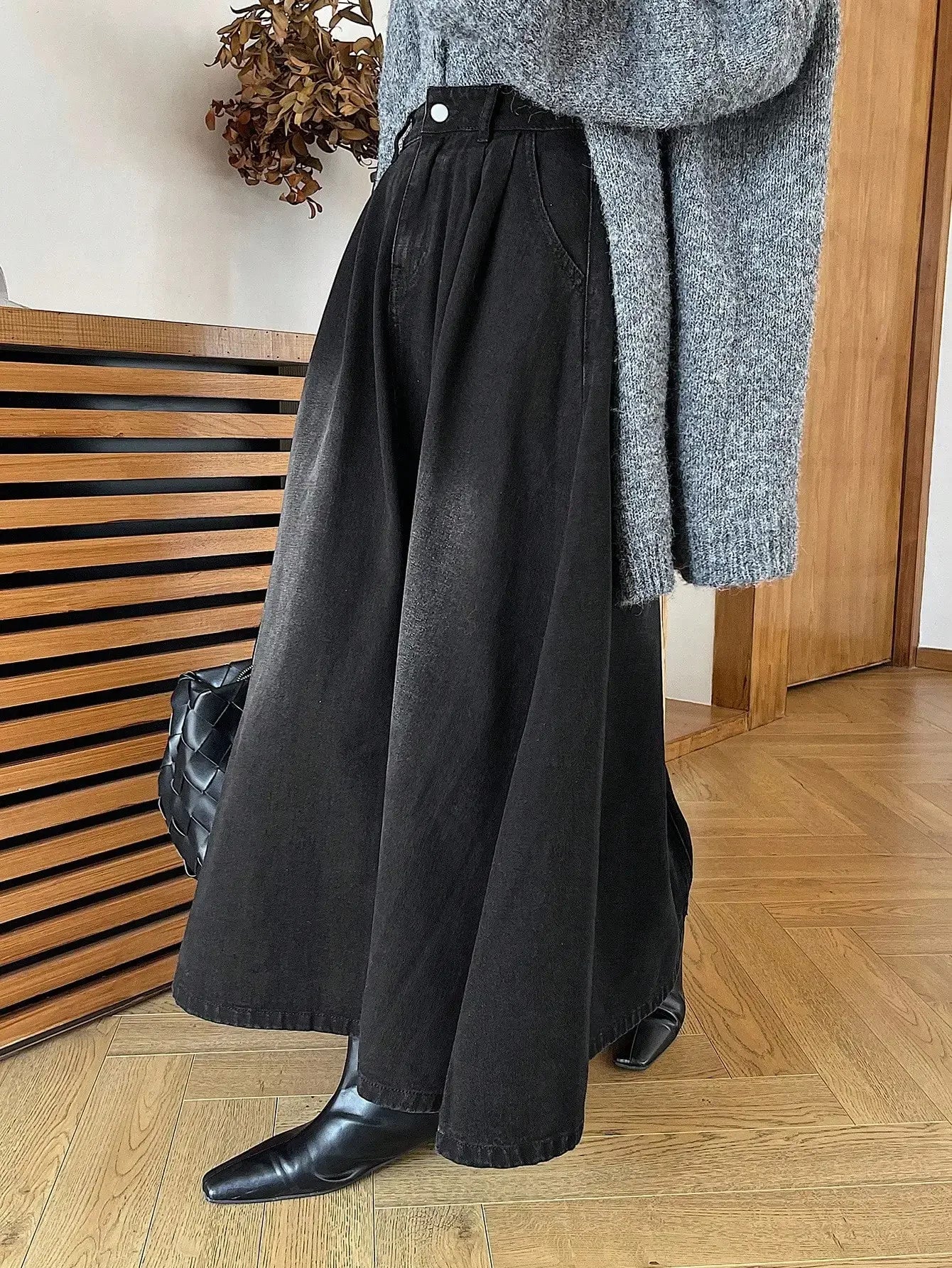 Women's A-Line Denim Skirt, Loose Fit, High Waist, Full Length