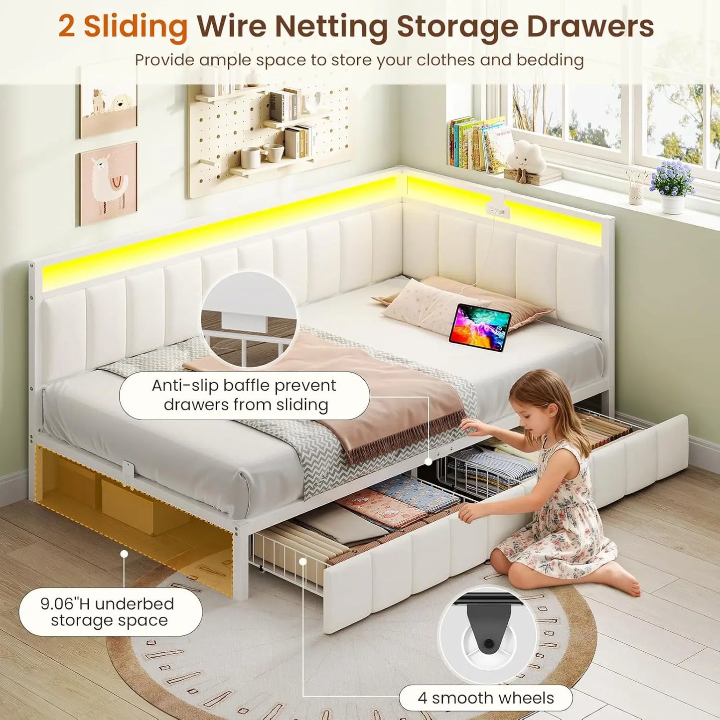 Corner Twin XL Bed Frame with 2 Storage Drawers & Charging Station Metal Platform Bed Frame Twin XL with Storage, Customized