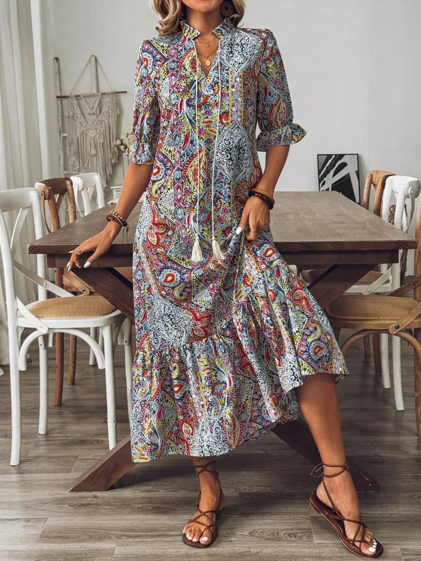 Bohemian Printed Mid-Sleeve Dress With Tassel Tie Neck Ruffle Hem Loose Maxi Dress