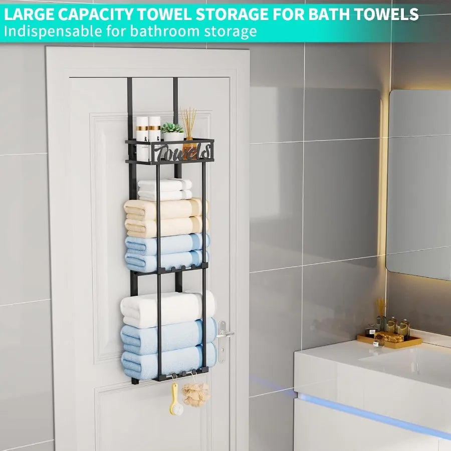 Towel Rack Bathroom Storage - 3 Tier Over The Door & Wall Mounted Rolled Towel Racks Holder Organizer With Metal Shelf An