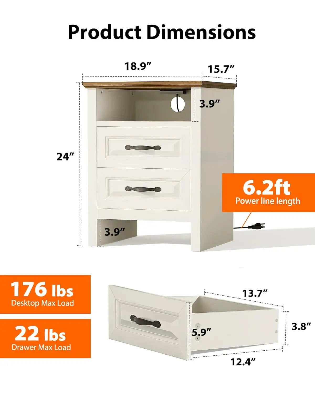 Night Stand Set 2 with Charging Station, Farmhouse Bedside Table with 2 Drawers and Open Storage, Rustic End Table, Customized