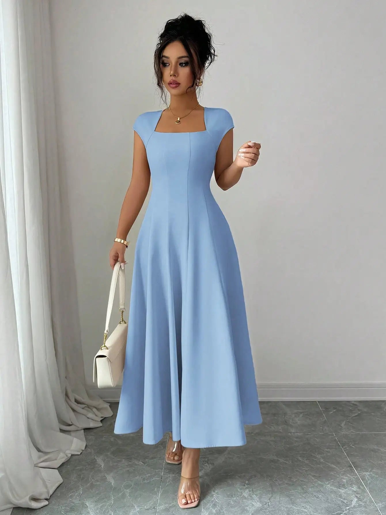 Elegant Solid Color Square Neck Short Sleeve A-Line Midi Dress For Women