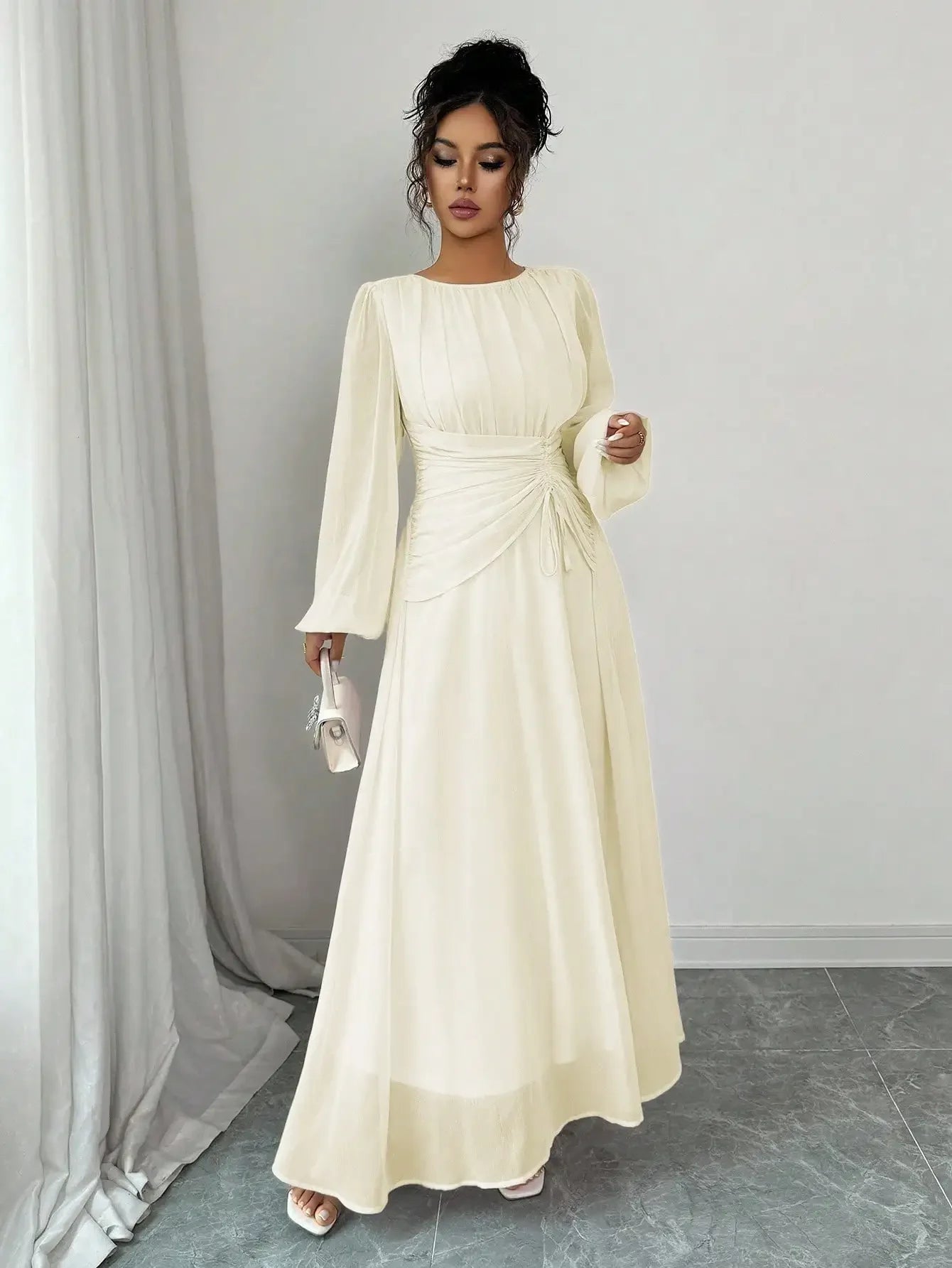 Women's Spring Summer Romantic Elegant Ruched Waist A-Line Long Sleeve Maxi Dress