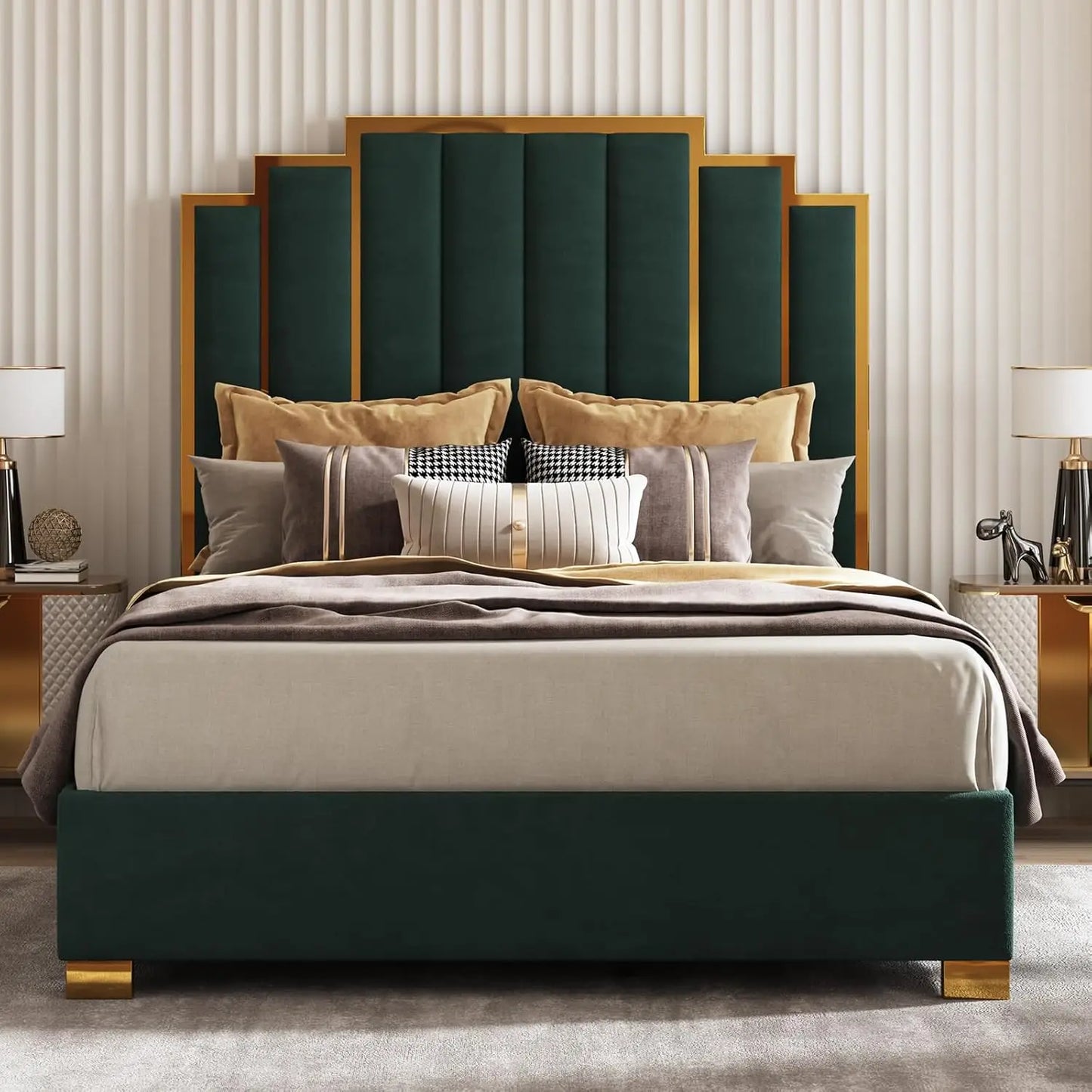 Queen Size Upholstered Bed, Modern Velvet Bed Frame with 61.4” Tall Gold Trim Headboard, No Box Spring Needed, Cream, Customized