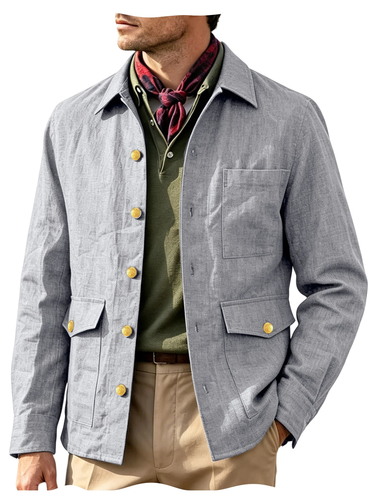 Mens Vintage Linen Jacket With Breathable Gold Button Lapel Design