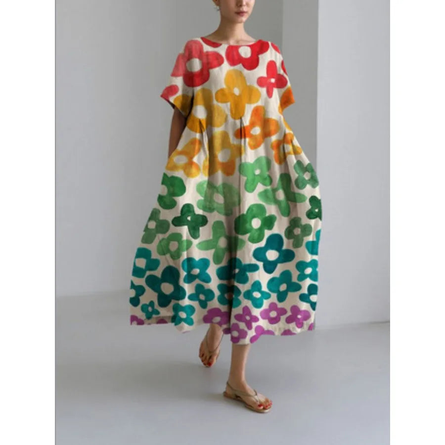 【New style】 - summer new European and American women's clothing loose round neck fashionable high-end short-sleeved printed dre