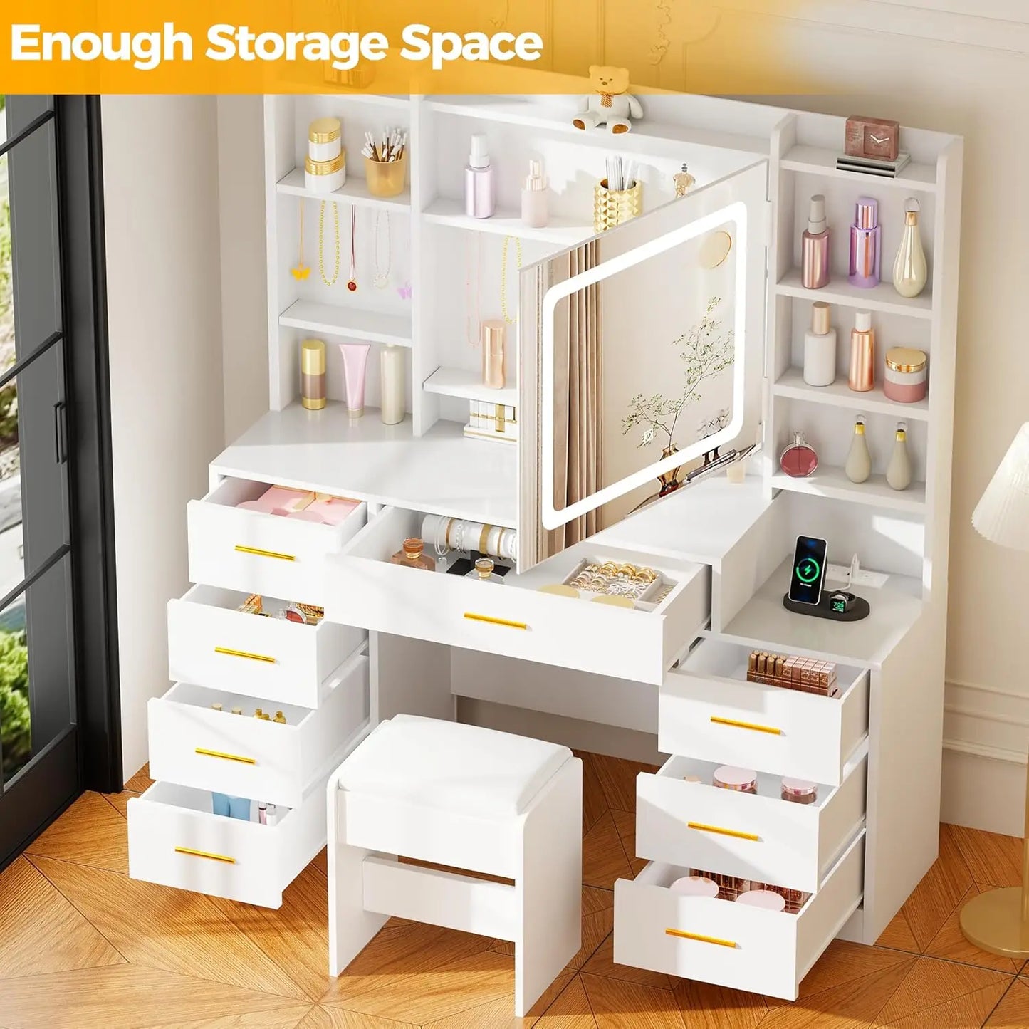 Large Vanity Desk with Mirror and Lights,White Makeup Vanity Table with Power Outlet,Makeup Desk with 8 Drawers,7, Customized