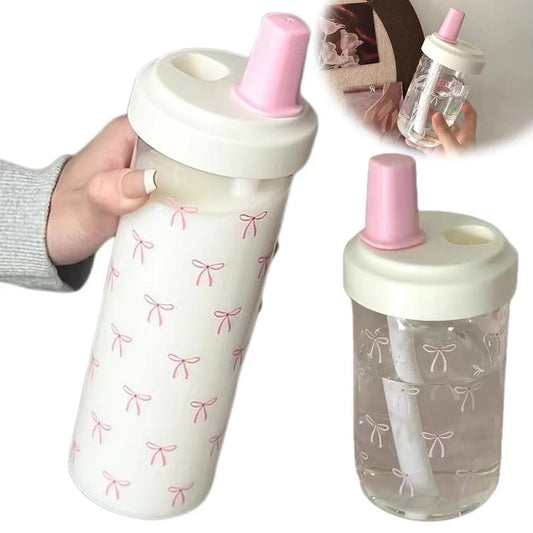 Portable Plastic Water Cup With Straw Bowknot Large Capacity