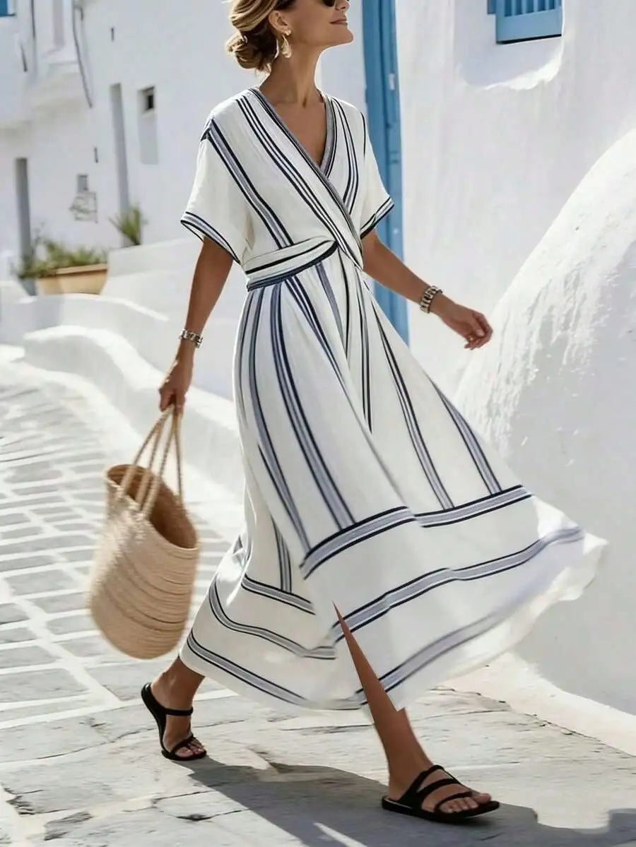 V-Neck Striped Wrap Dress Short Sleeve A-Line Midi Casual Summer Dress