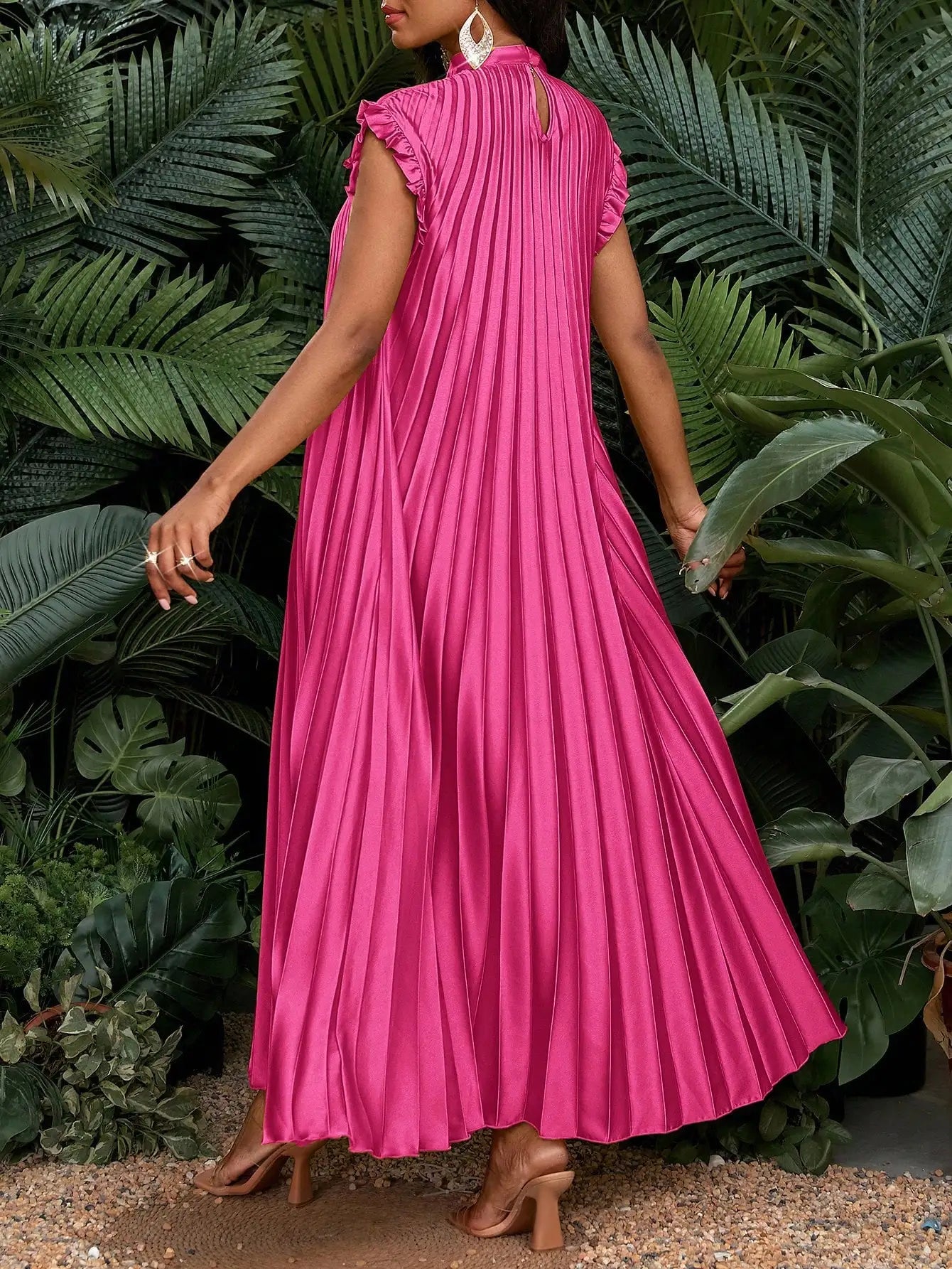 Pleated A-Line Maxi Dress With Stand Collar And Ruffle Cap Sleeves For Party Wedding Beach Event