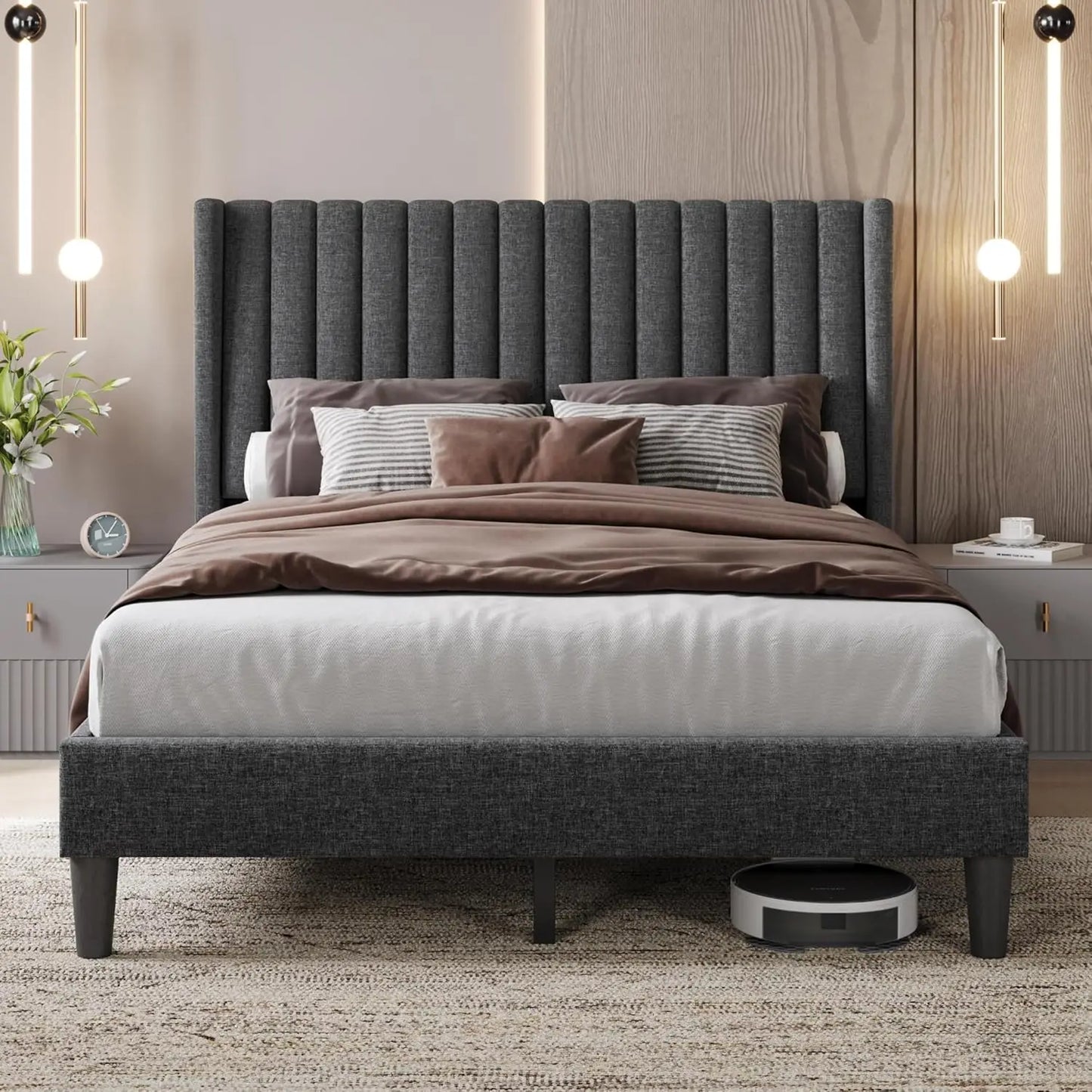 Full Bed Frame Upholstered Platform Bed with Fabric Headboard, Wing Edge Design/Non-Slip and Noise-Free/Wooden, Customized