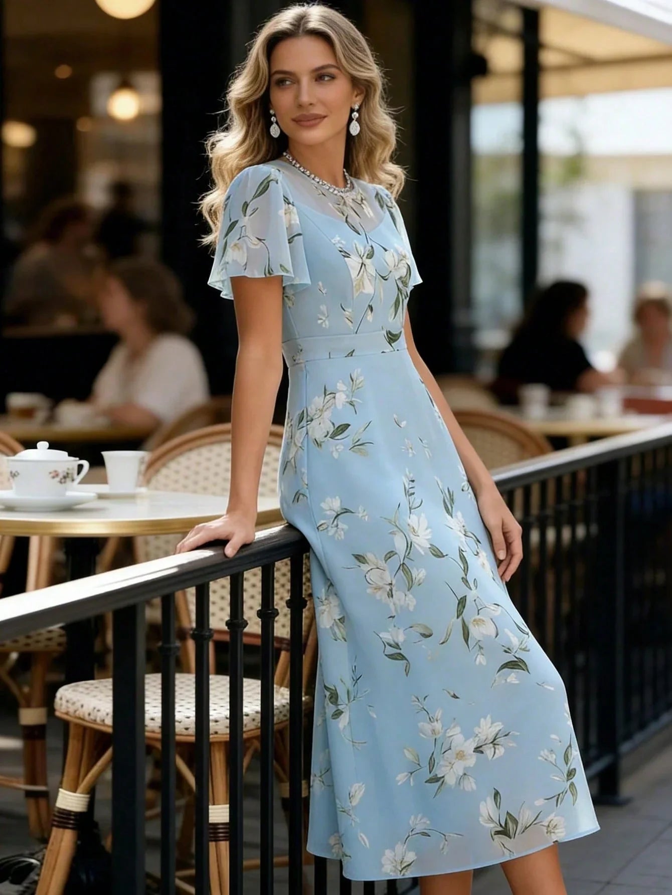 Elegant Blue Chiffon Floral Print Ruffle Sleeve A-Line Dress For Women