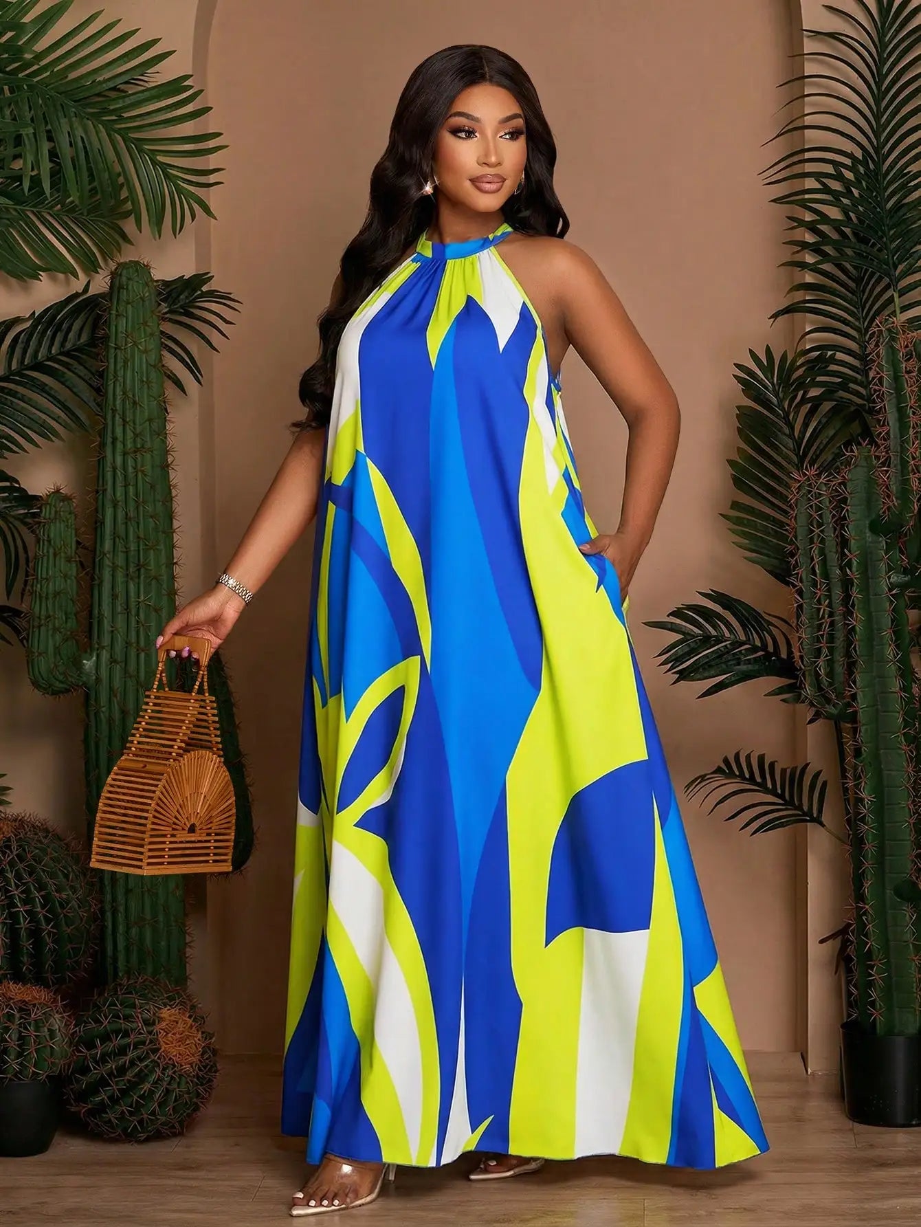Plus Size Women Sleeveless Halter Neck A-Line Printed Long Dress With Pockets