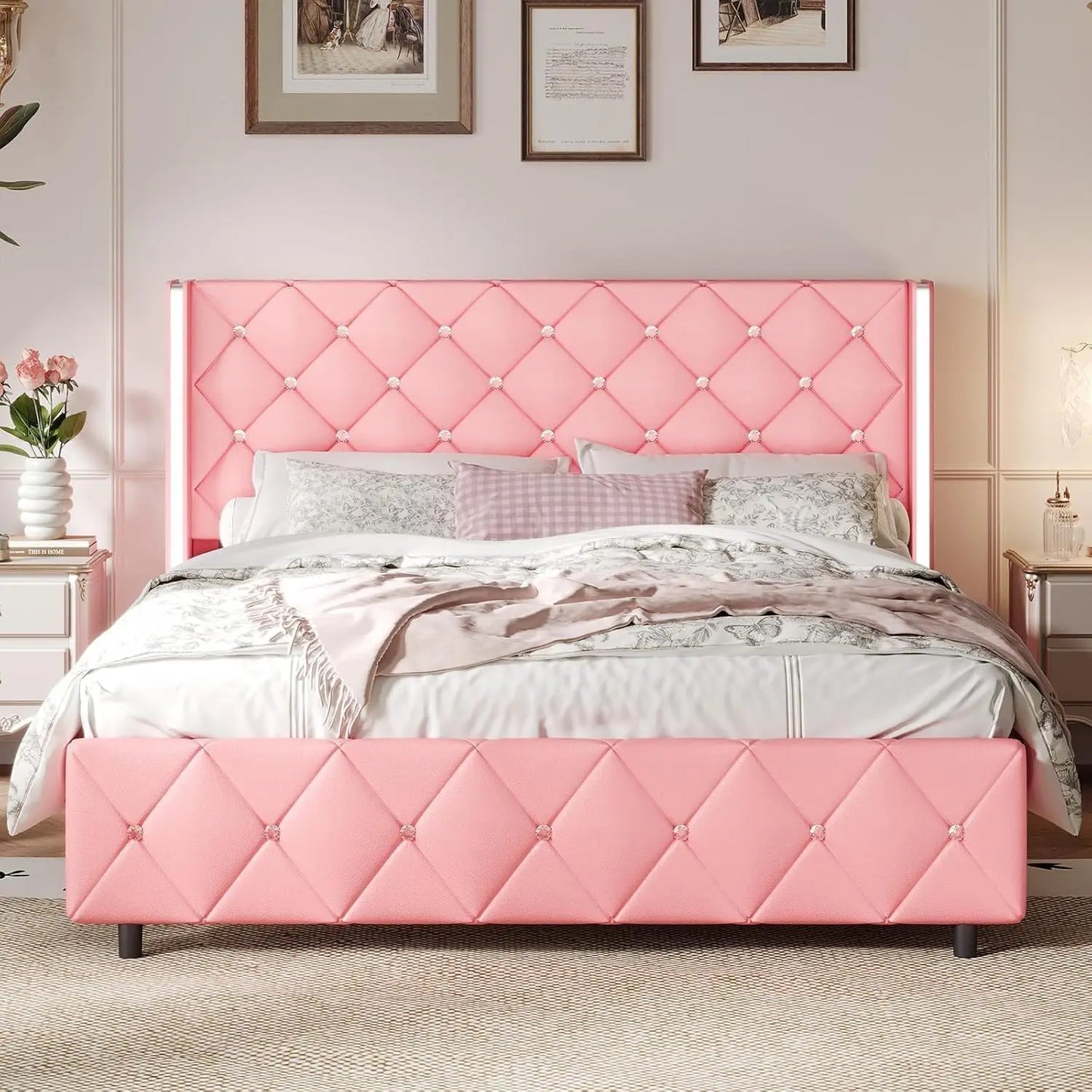 Queen Bed Frame with Headboard, Upholstered Queen Size Bed Frame with Diamond Tufted Wingback Headboard, Faux, Customized