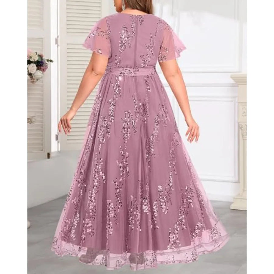 Pinup Fashion Plus Size Formal Dresses - Wedding Guest Evening Gowns Sequin Embroidery V-Neck Maxi Dress
