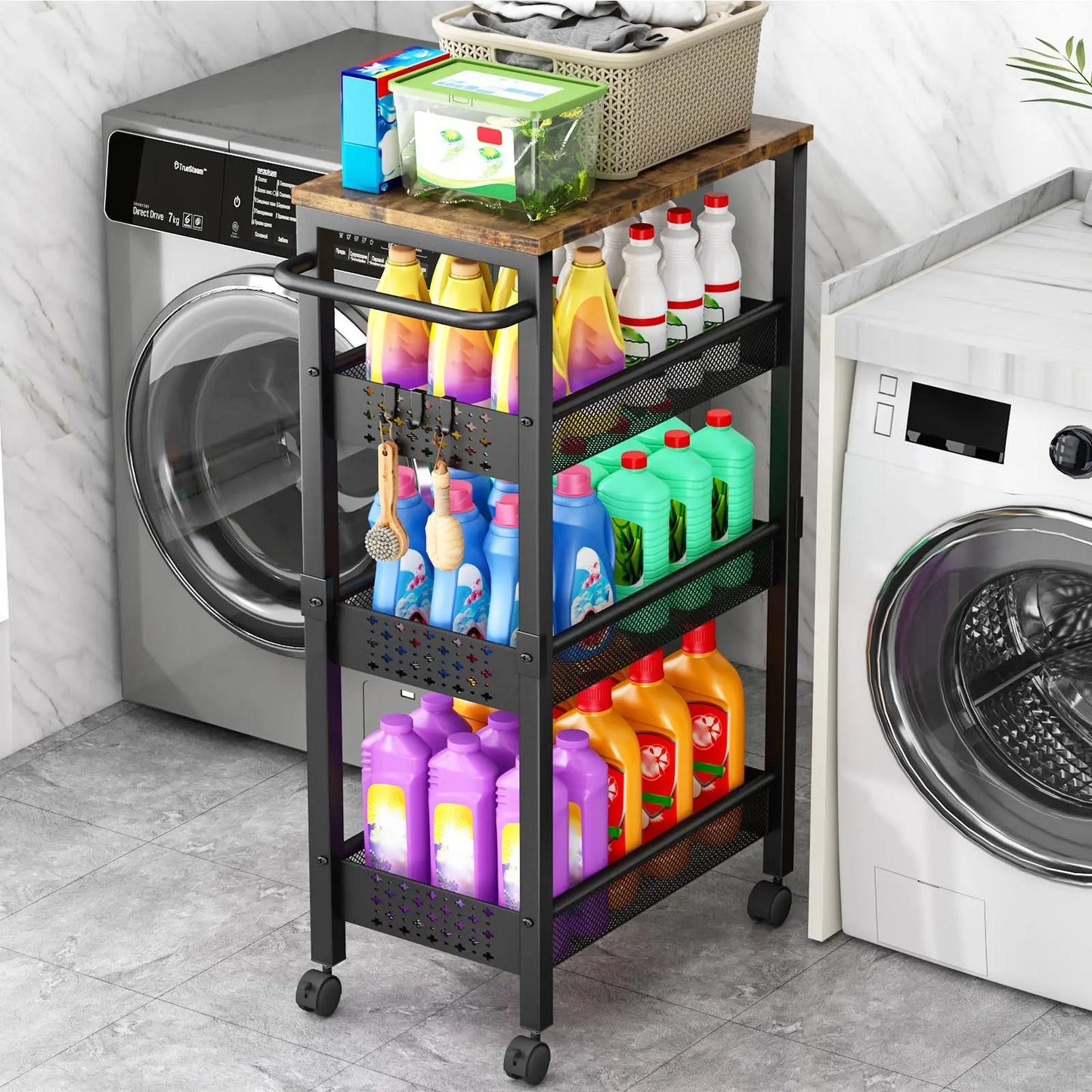 Slim Storage Cart With Wheels, 4 Tier Small Rolling Cart With Wood Top, Metal Kitchen Bathroom Laundry Room Organization