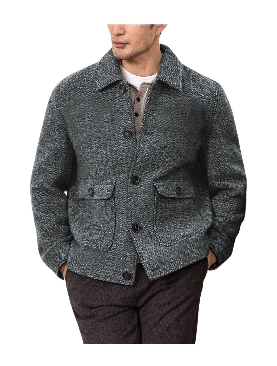 Men Vintage Herringbone Short Lapel Button Jacket Casual Outerwear For Daily Commute Weekend Dating Coffee Street Trip Gathering