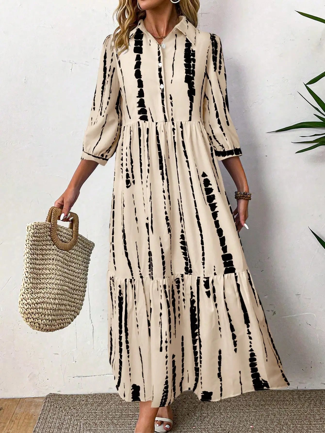 Women Tie Dye Print Casual Shirt Dress With Tiered Skirt And Button Front