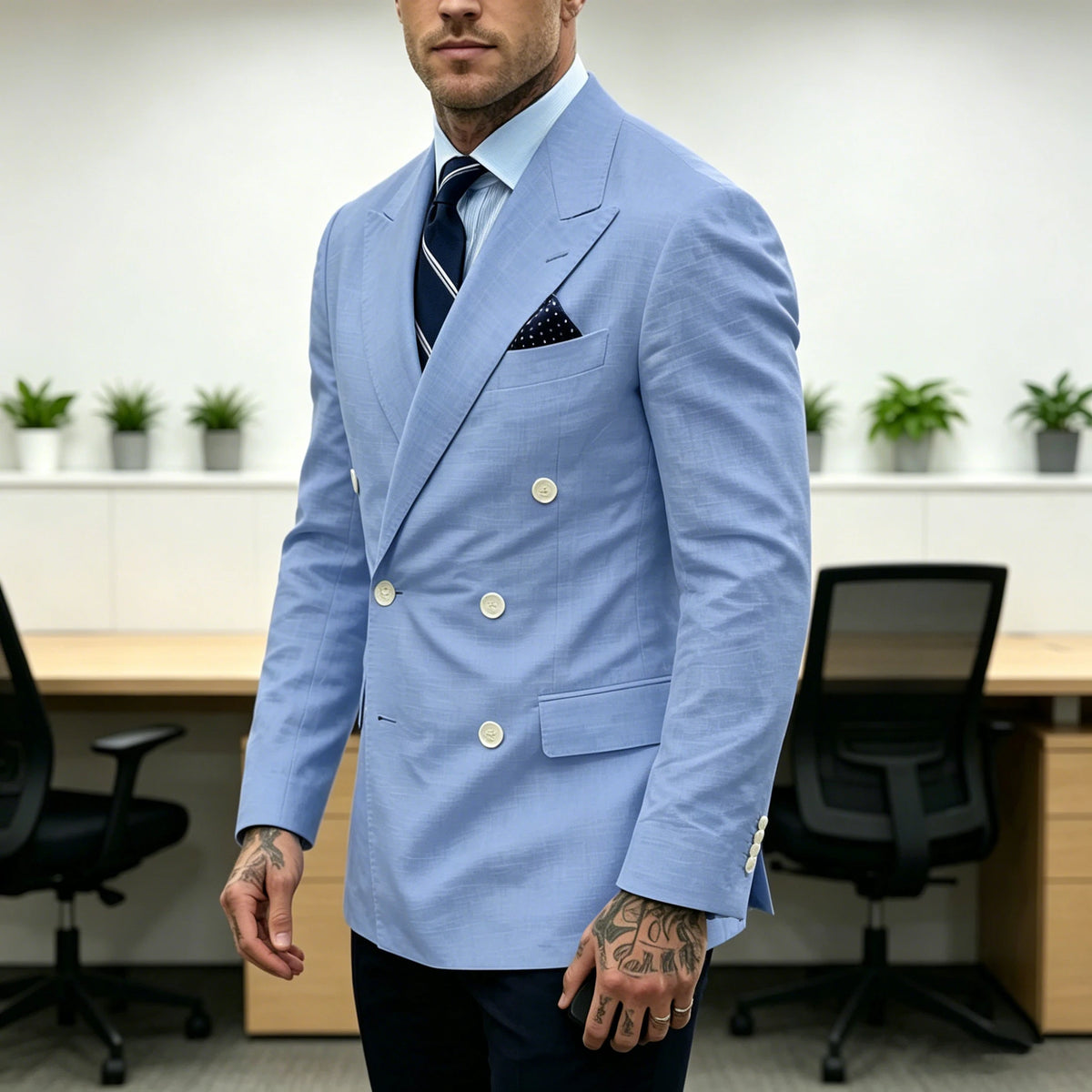 Men's Double Breasted Blazer Slim Fit Linen Suit Jacket Formal Business Casual Tuxedo for Wedding Prom Office Party Daily Wear