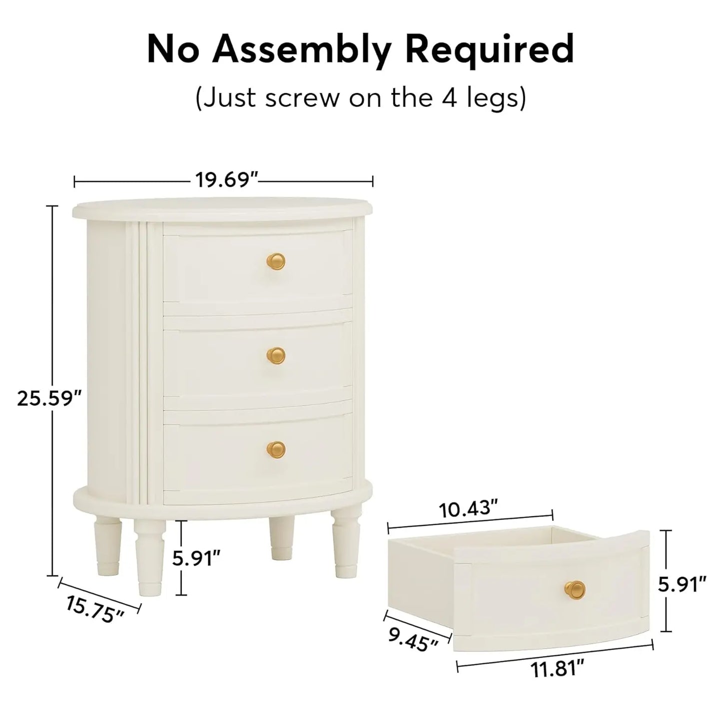 Nightstand with 3 Drawers, Oval Bed Side Table for Bedroom, Fully Assembled, Farmhouse Night Stand with Storage, Customized