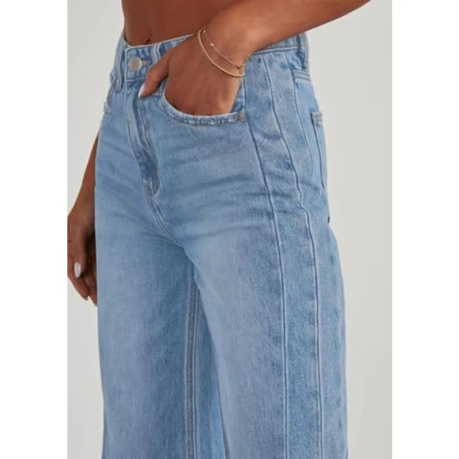 PRETTYGARDEN Wide Leg Jeans for Women Trendy High Waisted Stretchy Baggy Raw Hem Denim Palazzo Pants 202 Spring Fall Clothes