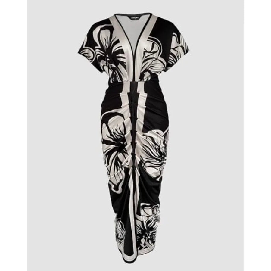 CHICME Summer Dresses for Women Floral Print Plunge V Neck Midi Dress Casual Ruched Slit Bodycon Party Dress