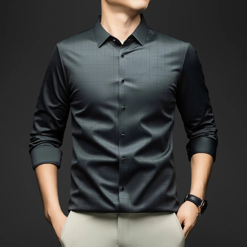 BROWON Plaid Shirt Men Long Sleeves 2026 Spring and Autumn Mulberry Silk Business Dress Shirt Man Casual Party Elegant Men Shirt