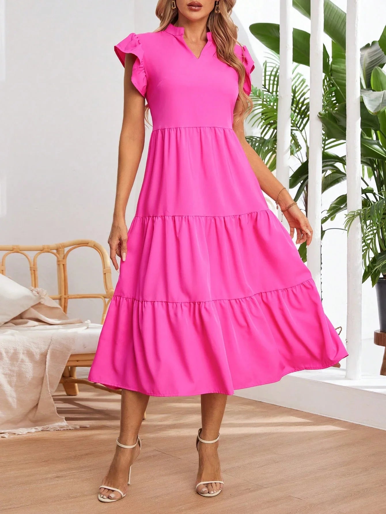 Pink Tiered Ruffle Sleeve Midi Dress Casual Elegant Summer