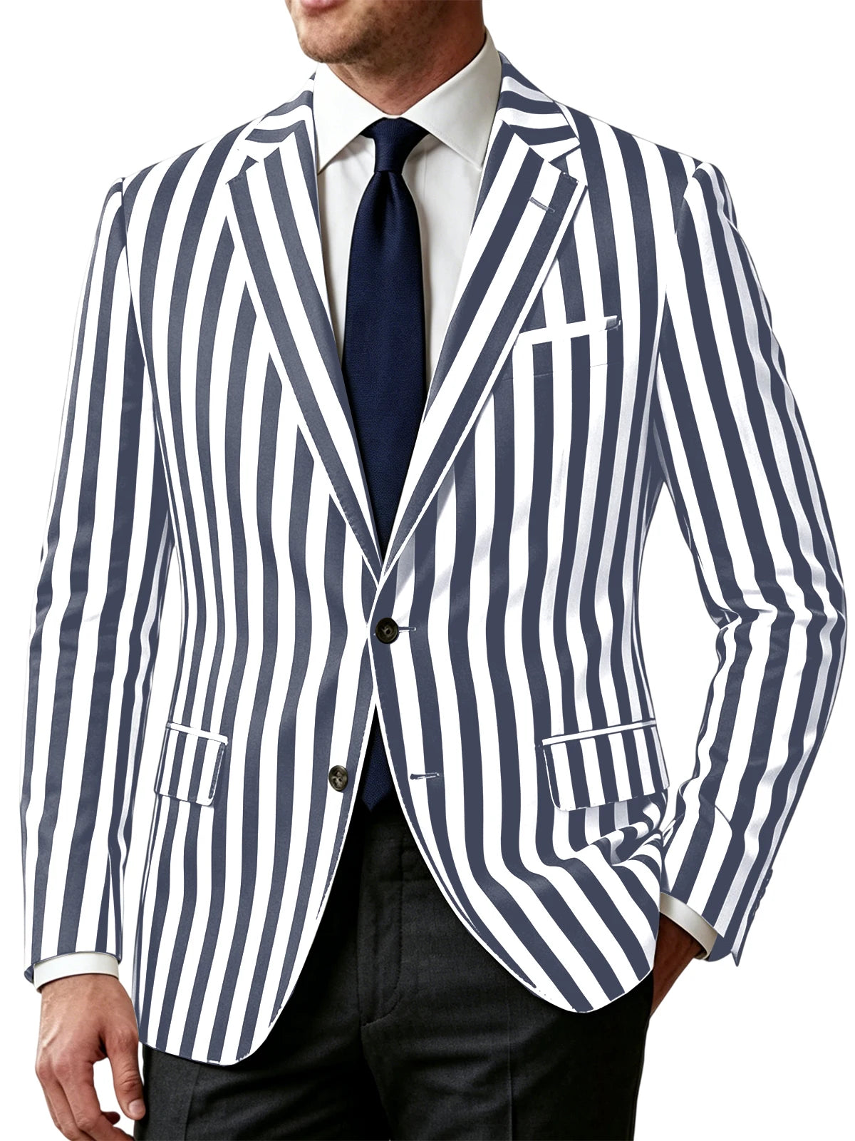 Men's Vertical Striped Blazer Slim Fit Single Breasted Casual Business Sport Coat Lightweight Formal Jacket For Office Wedding