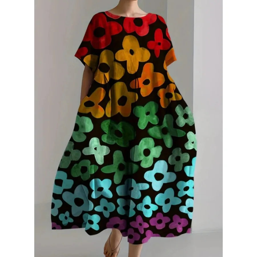 【New style】 - summer new European and American women's clothing loose round neck fashionable high-end short-sleeved printed dre