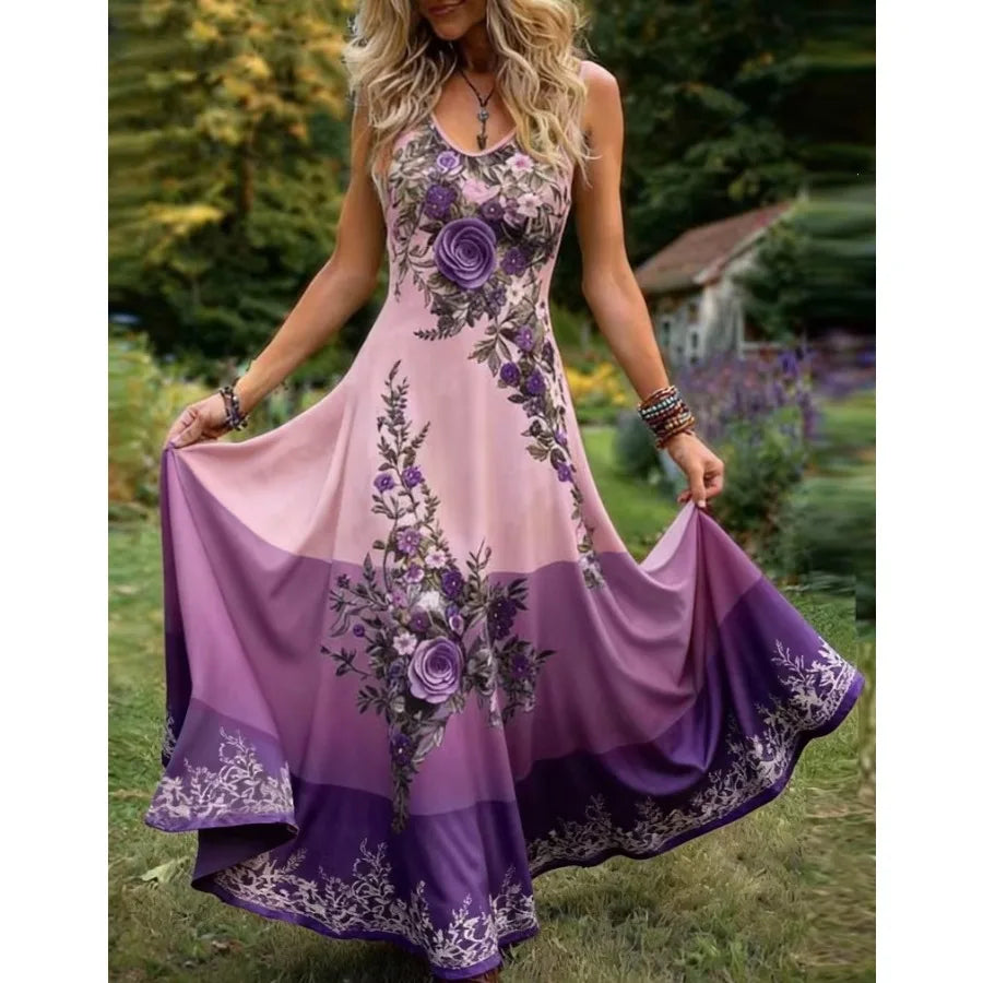 【New style】2026 summer new - European and American  sleeveless elegant dress Printed v-neck long dress Large size women's dress