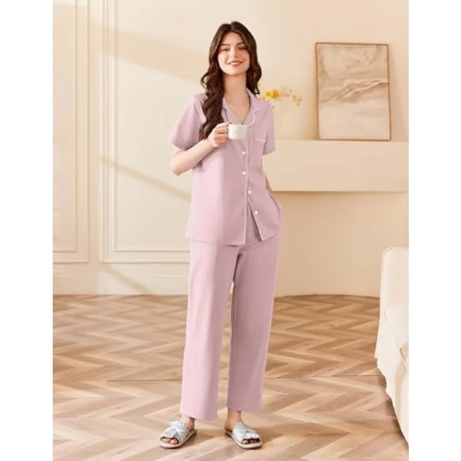 Ekouaer Women's 100% Cotton Pajamas Set Short Sleeve Button Down Pjs 2 Pcs Soft Sleepwear with Long Pants Lounge Set
