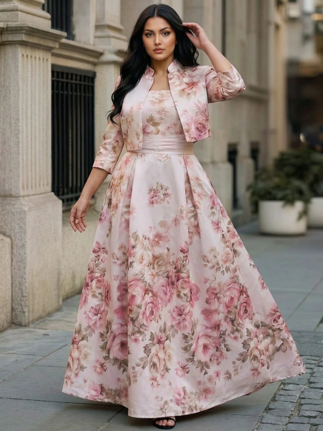 Women's Stand Collar 3/4 Sleeve Crop Coat Floral Print Maxi Dress Set For Wedding Guest Garden Daily Occasions