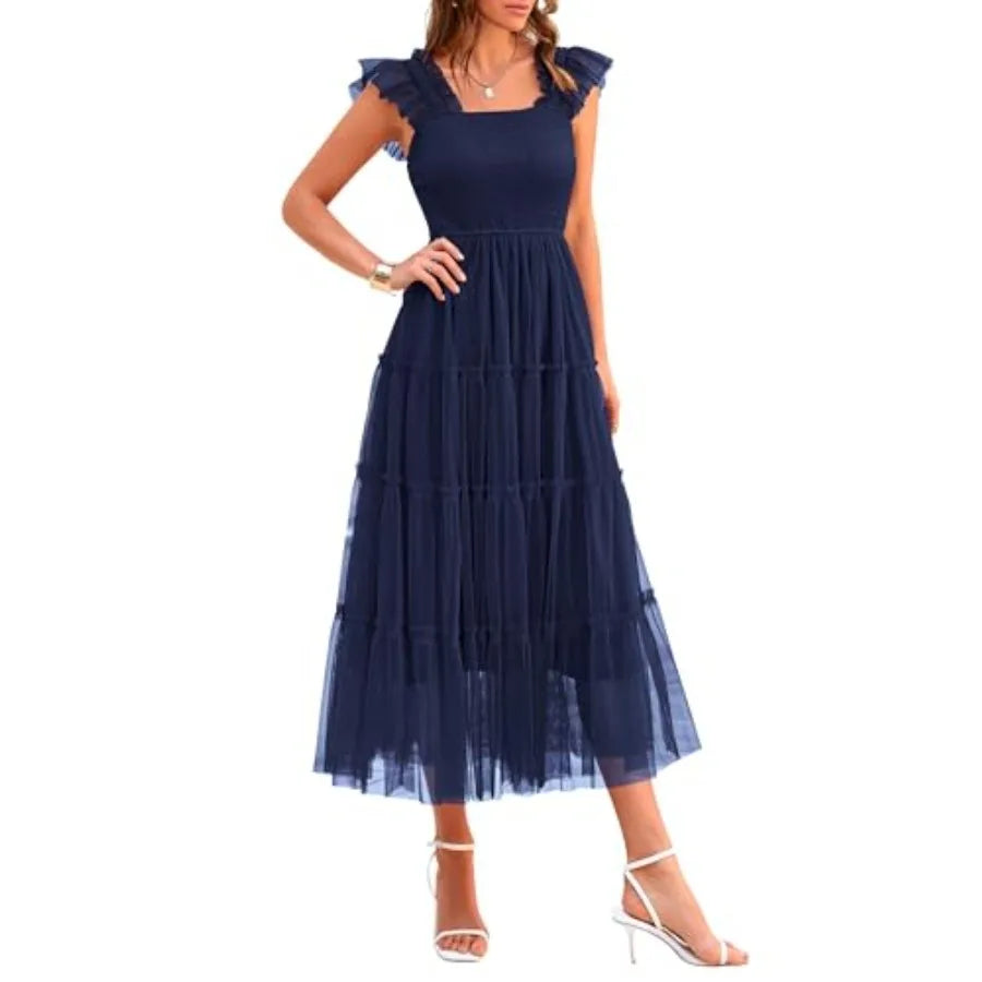 PRETTYGARDEN Women's Summer Tulle Midi Dress Sleeveless Smocked Ruffle Flowy Mesh Dresses Party Wedding Guest Sundress