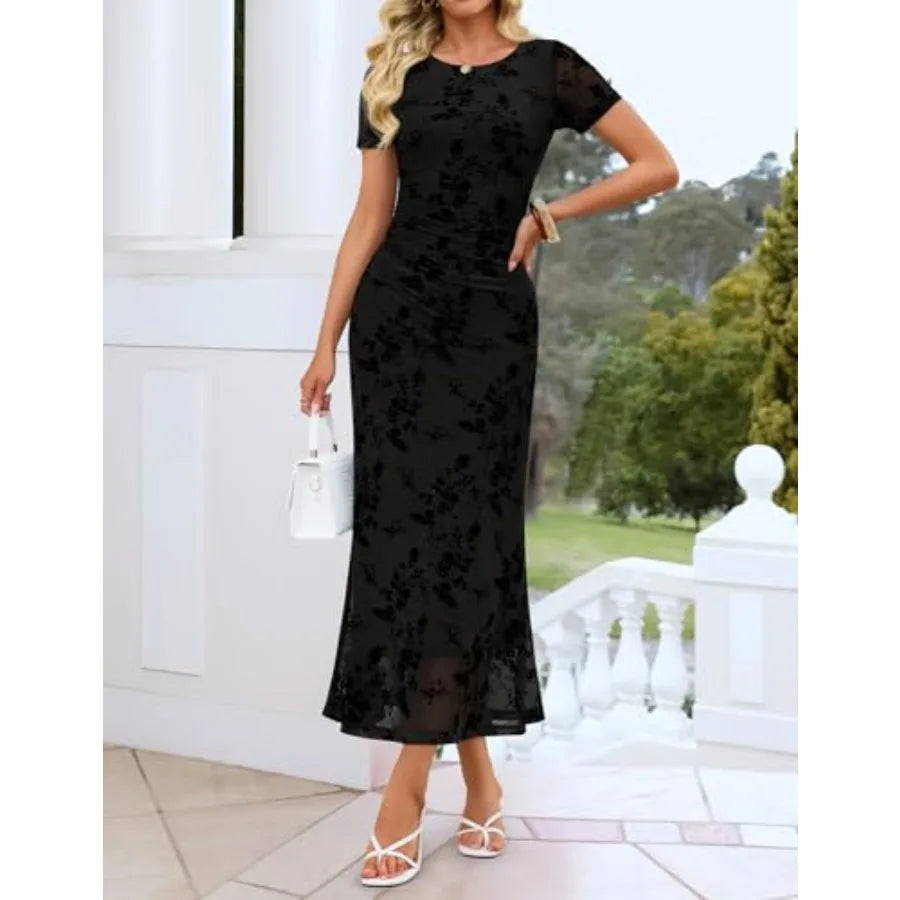 ZESICA Women's Summer Floral Bodycon Long Dress Ruched Mesh Beach Vacation Formal Cocktail Party Wedding Guest Maxi Dresses