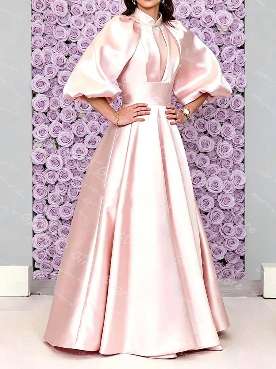 Customized Satin Pleated Bridesmaid Dress for Wedding Women‘s Vintage High Neck Balloon Sleeve Communion Party Evening Dress
