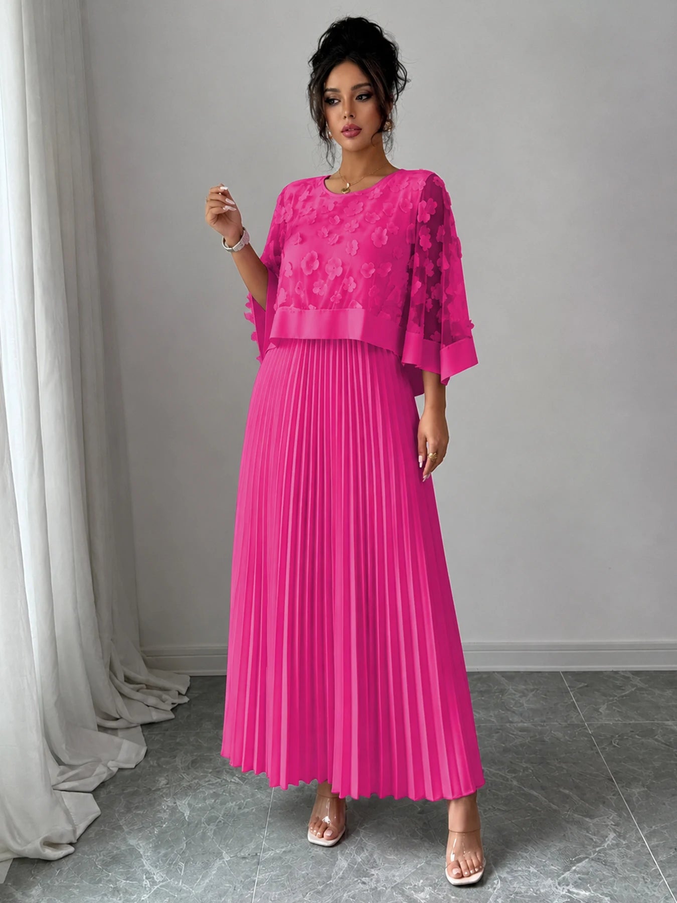 Elegant A-line Pleated Dress With Appliquéd Mesh Paneling, Vacation outfits women, Summer outfits for women