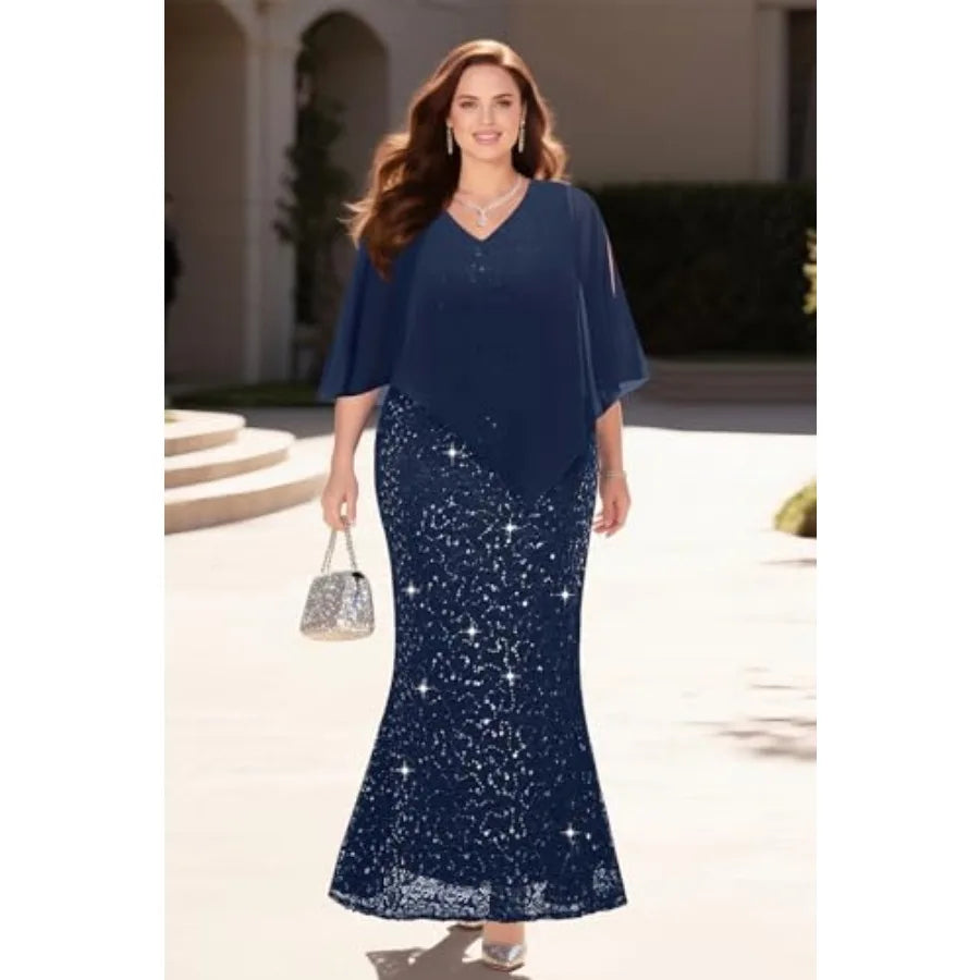 Plus Size Formal Dress - Evening Sequin Lace Long Mermaid Prom Dress with Chiffon Overlay Cape