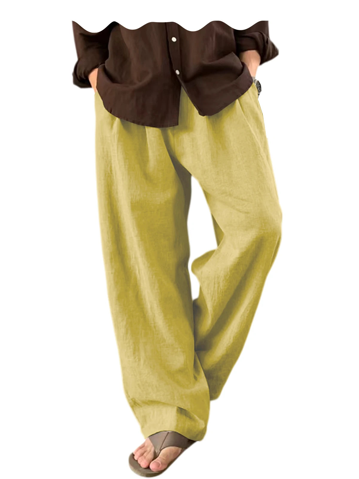 Men's Linen Wide Leg Pants High Waist Loose Fit Suit Trousers Summer Casual Vacation Beach Walking Pants Elastic Waist Oversized