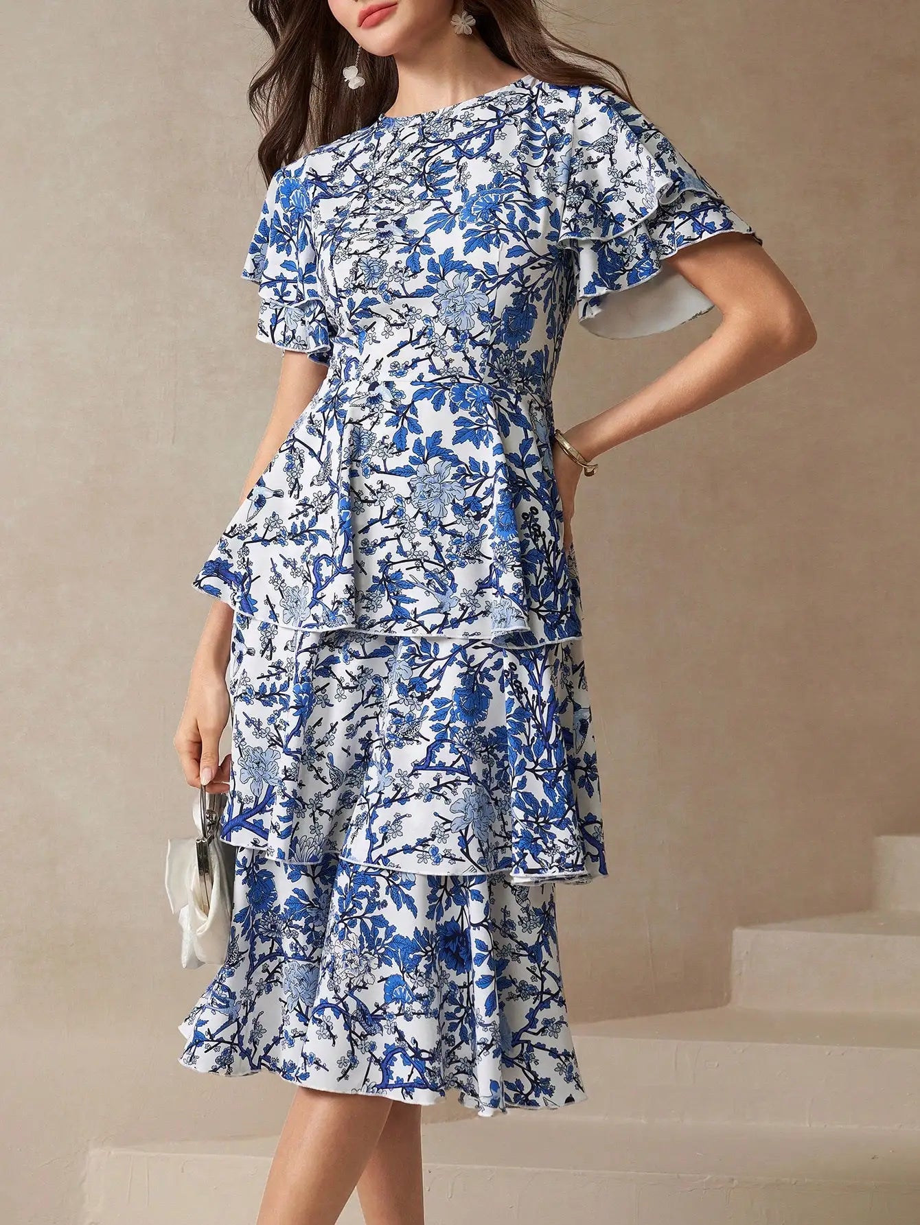 Butterfly Sleeve Layered Hem Floral Print Dress