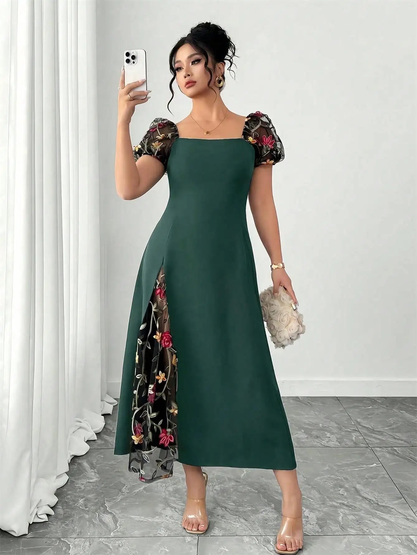 Elegant Black A-Line Midi Dress Plus Size Square Neck Sheer Puff Sleeve Floral Embroidery Split Thigh Party Dress