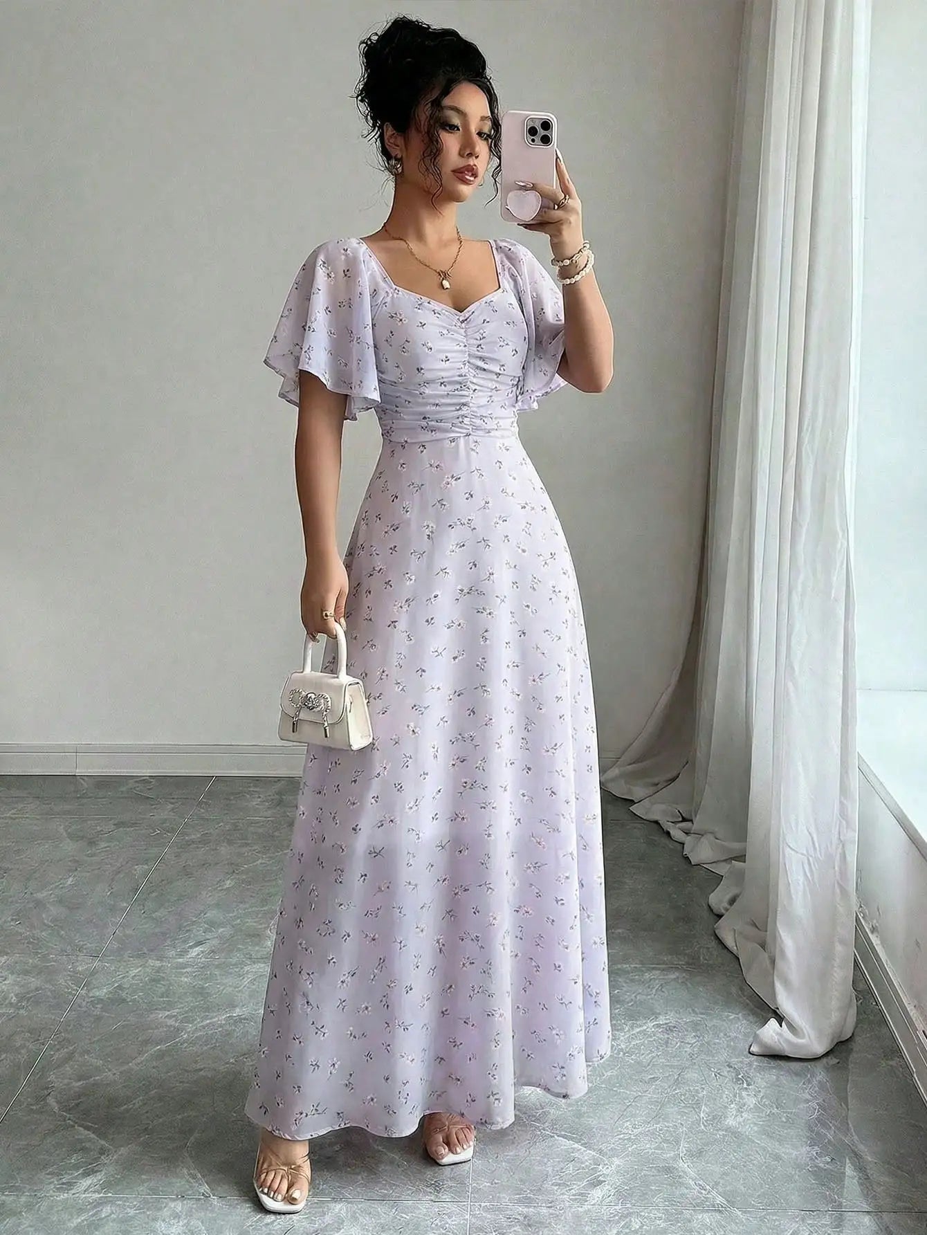 Women's Chiffon Butterfly Print Ruched Square Neck Batwing Sleeve Maxi Dress