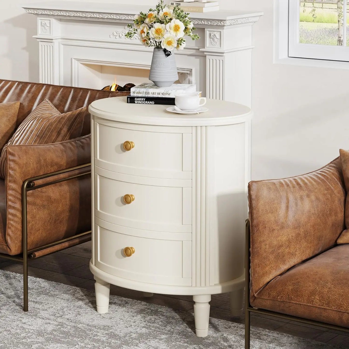 Nightstand with 3 Drawers, Oval Bed Side Table for Bedroom, Fully Assembled, Farmhouse Night Stand with Storage, Customized